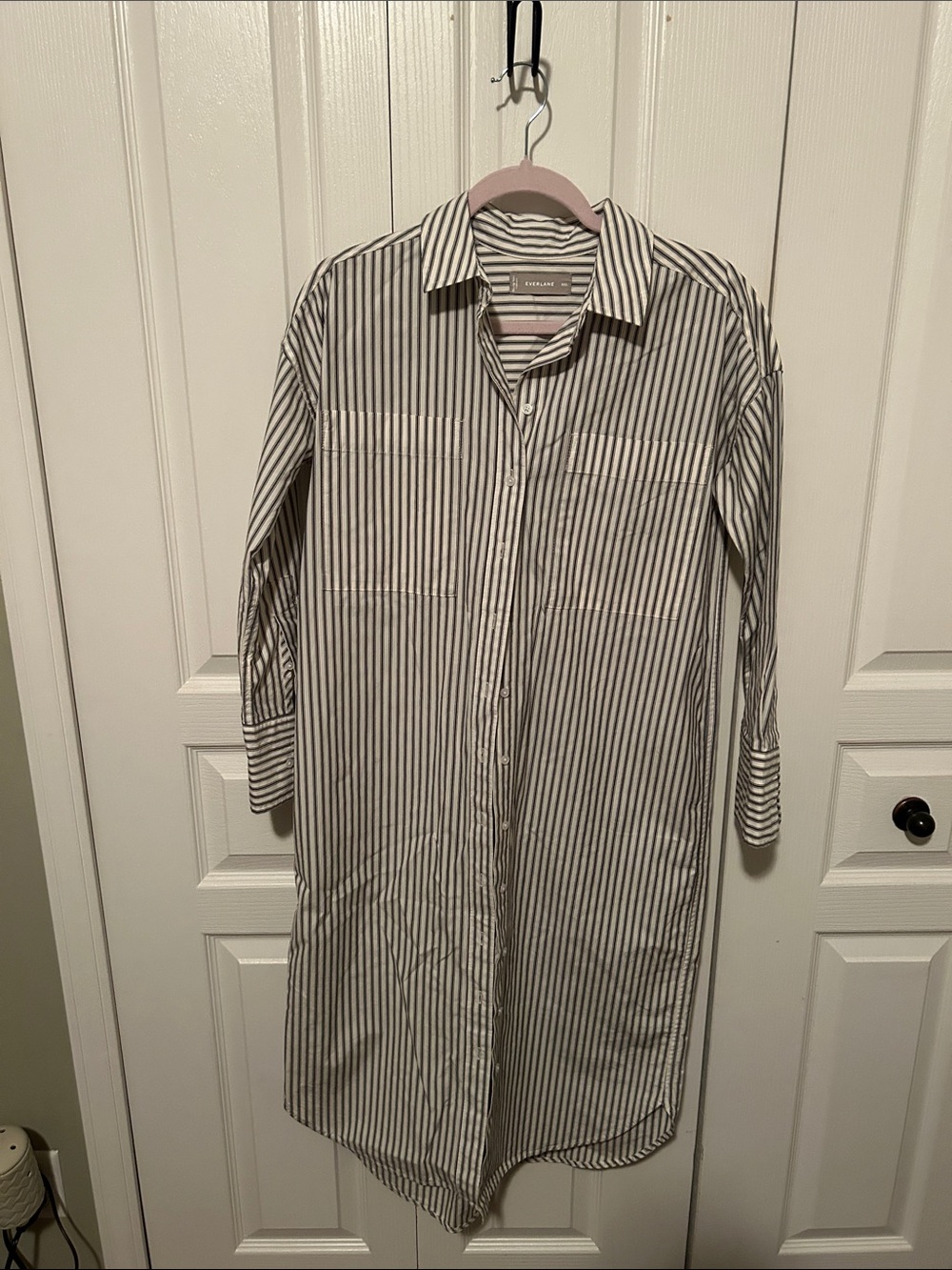 Everlane White and Black Vertical Stripe Button-Down Shirt Dress